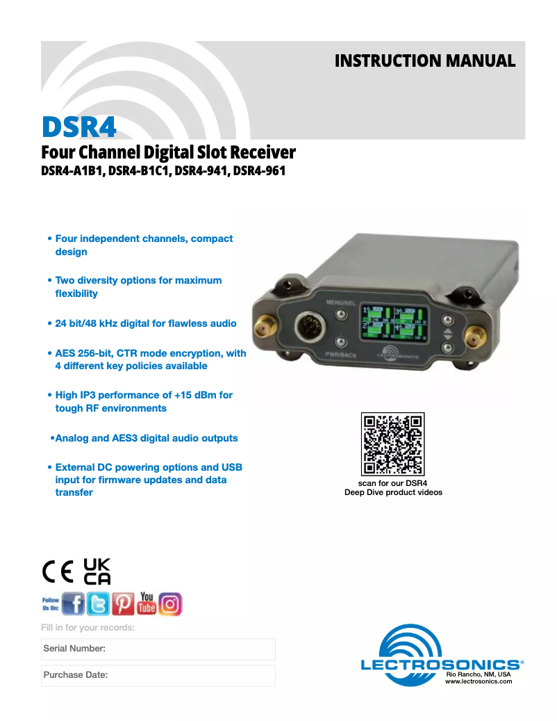 Page n°1 - Manuel utilisateur Lectrosonics DSR4