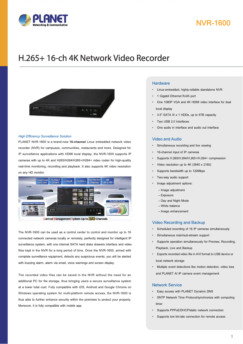 Page 1 de la notice Fiche technique Planet NVR-1600