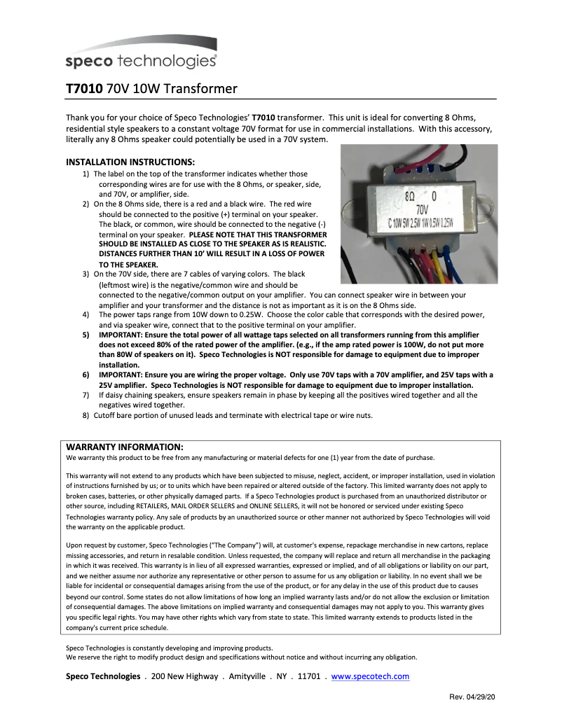 Page 1 de la notice Manuel utilisateur Speco Technologies T7010