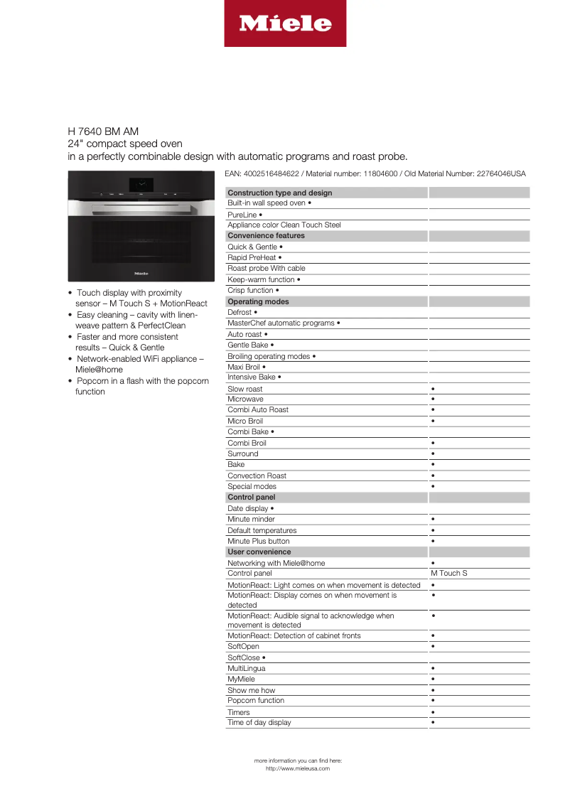 Page 1 de la notice Fiche technique Miele H 7640 BM AM