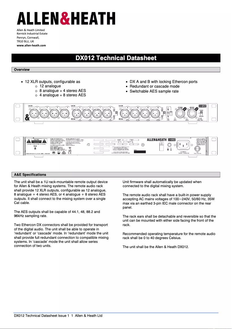 Page n°1 - Fiche technique Allen & Heath DX012
