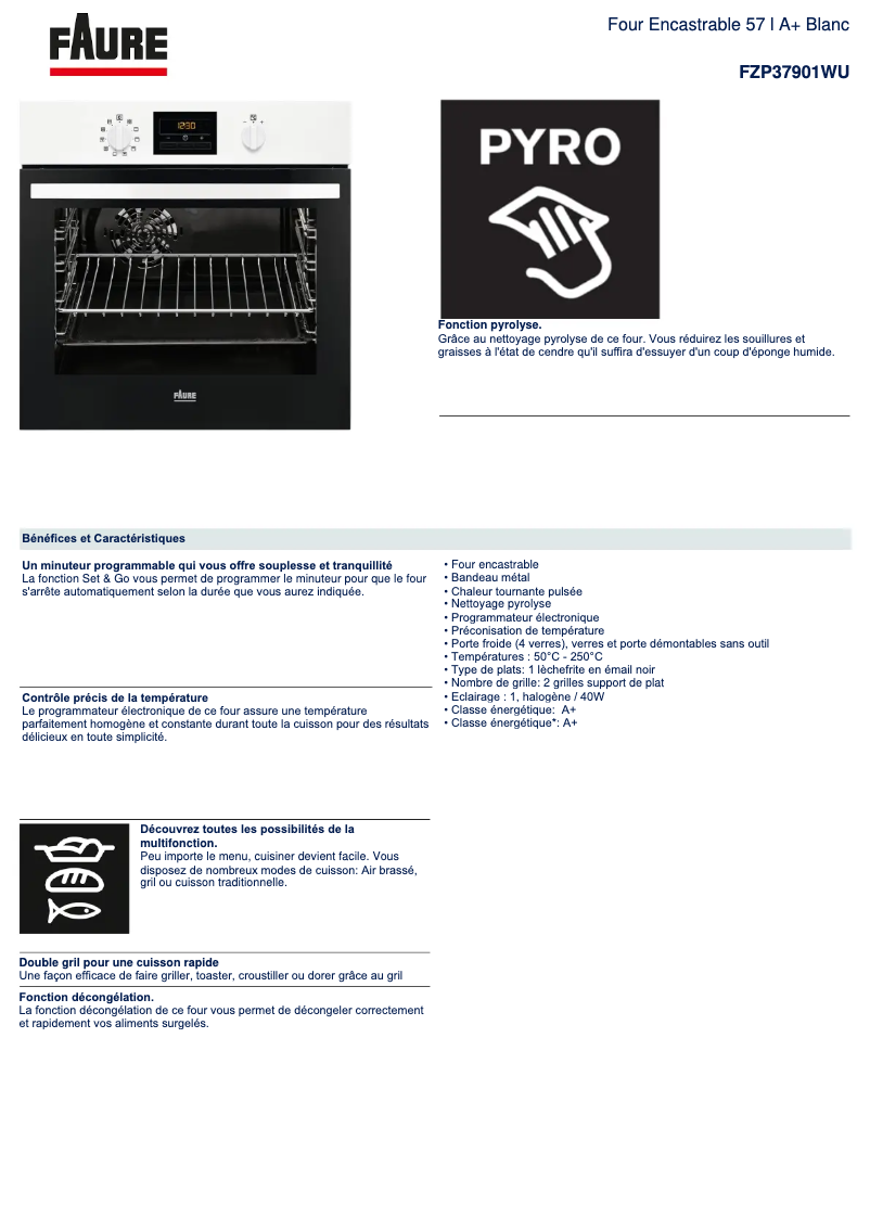 Página 1 del manual Ficha técnica Faure FZP37901WU