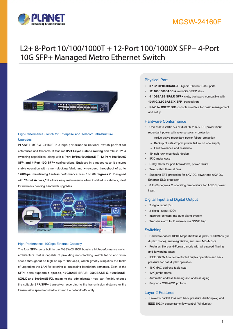 Page n°1 - Fiche technique Planet MGSW-24160F