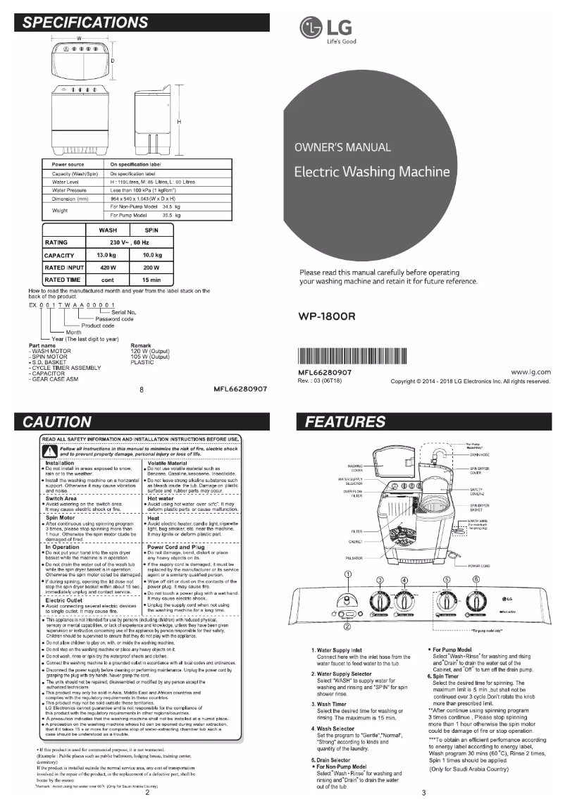 Page 1 de la notice Manuel utilisateur LG WP-1800R