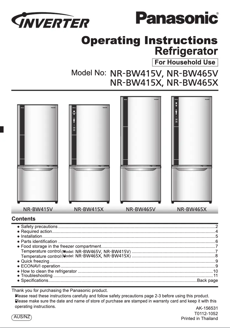 Image de la première page du manuel de l'appareil NR-BW415X