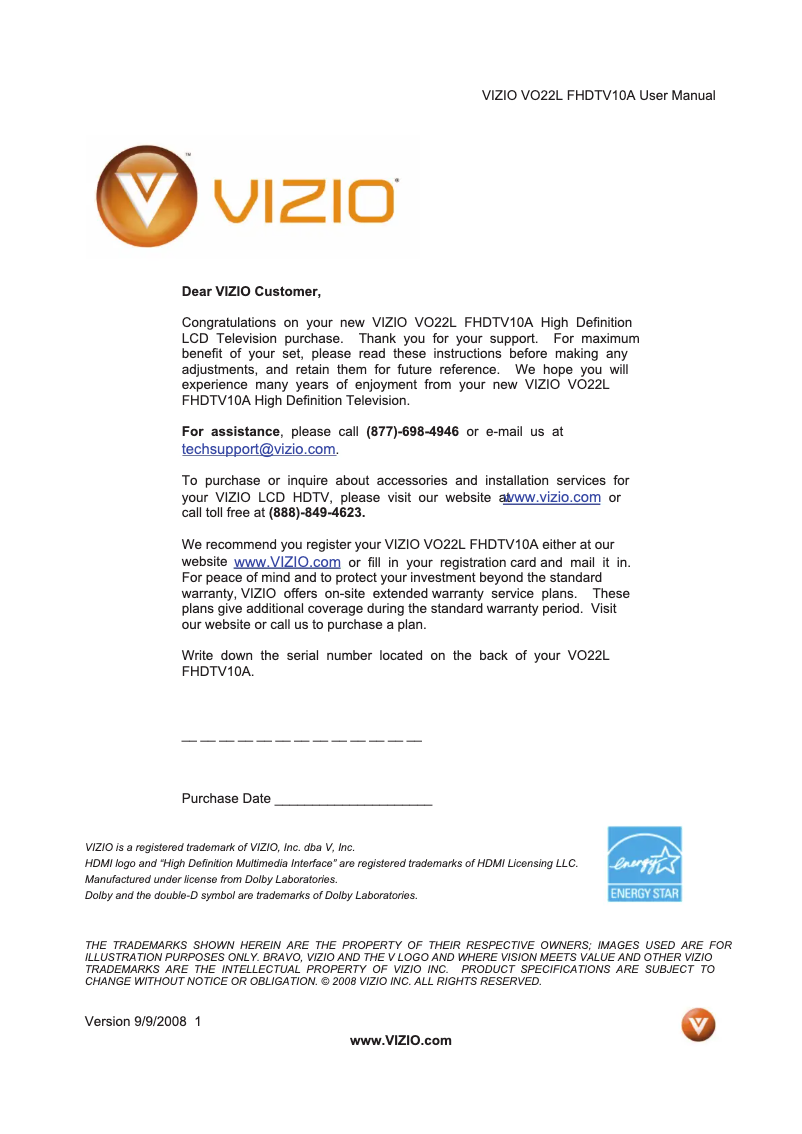 Page 1 de la notice Manuel utilisateur VIZIO VO22LHDTV10A