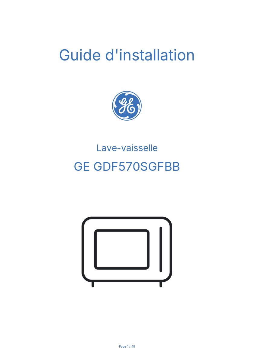 Page n°1 - Guide d'installation GE GDF570SGFBB