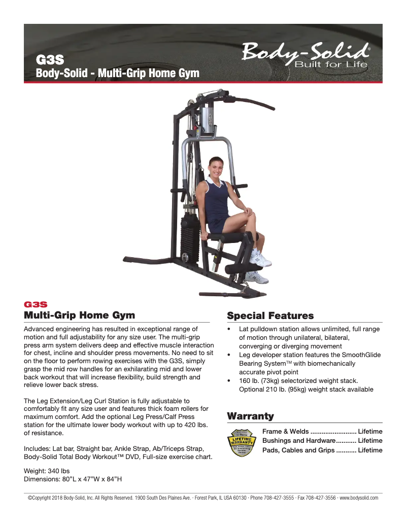 Page 1 de la notice Fiche technique Body-Solid G3S