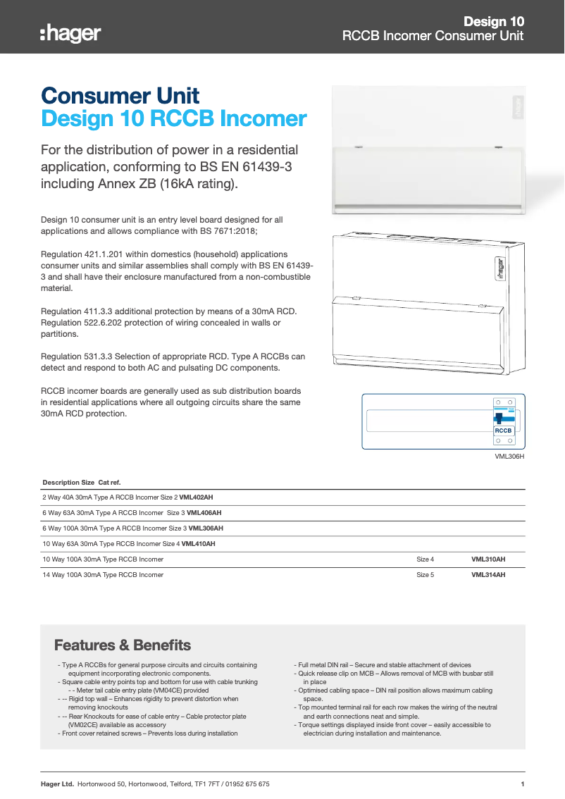Page 1 de la notice Fiche technique Hager VML306AH