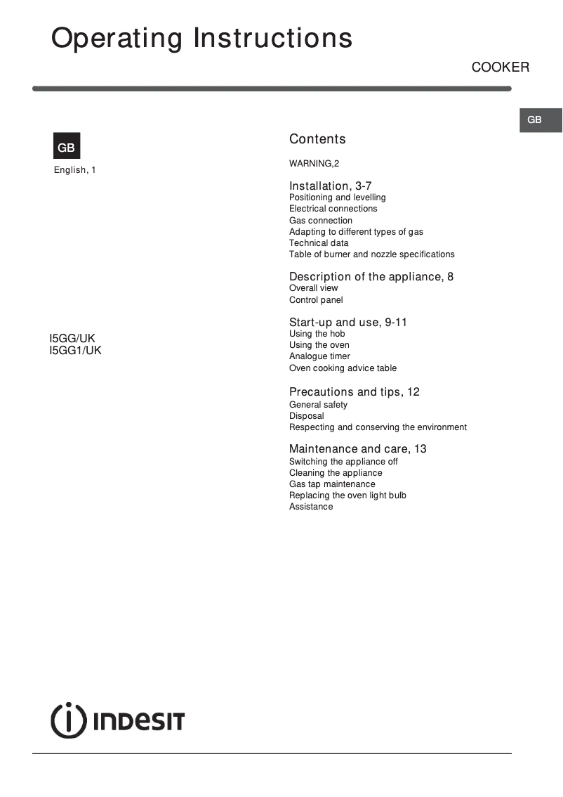 Page 1 de la notice Instructions / montage Indesit I5GGWUK