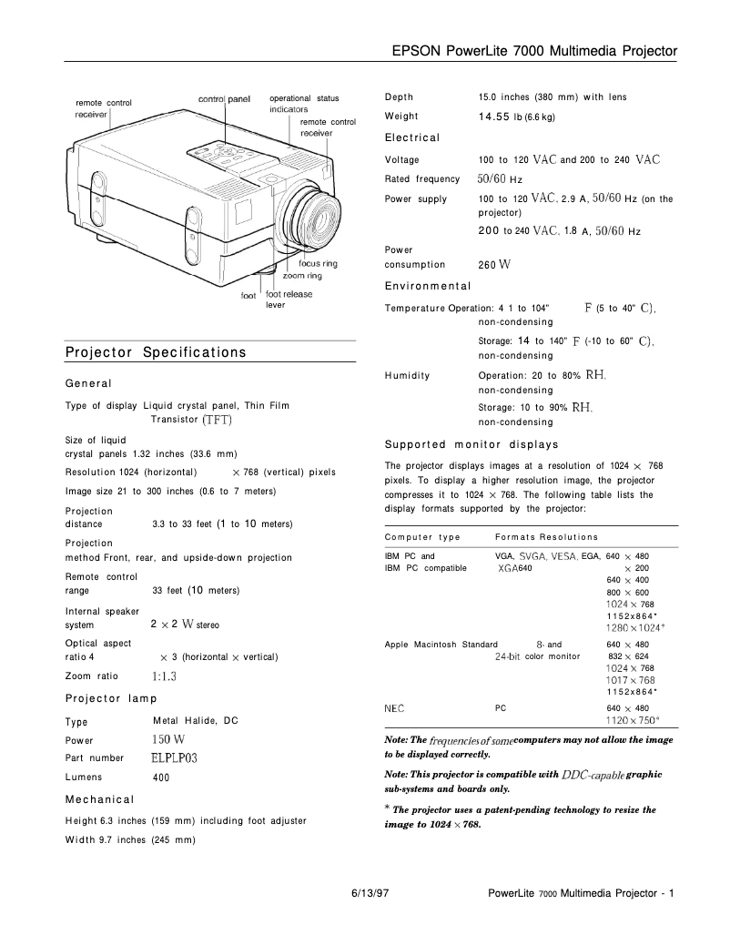 Page 1 de la notice Fiche technique Epson PowerLite 7000