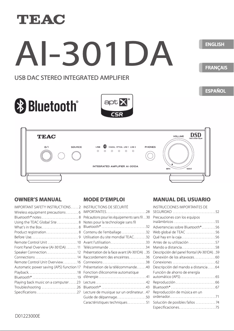 Page n°1 - Manuel utilisateur Teac AI-301DA-B