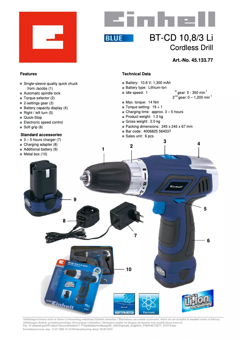 Page n°1 - Fiche technique Einhell BT-CD 10,8/3 Li
