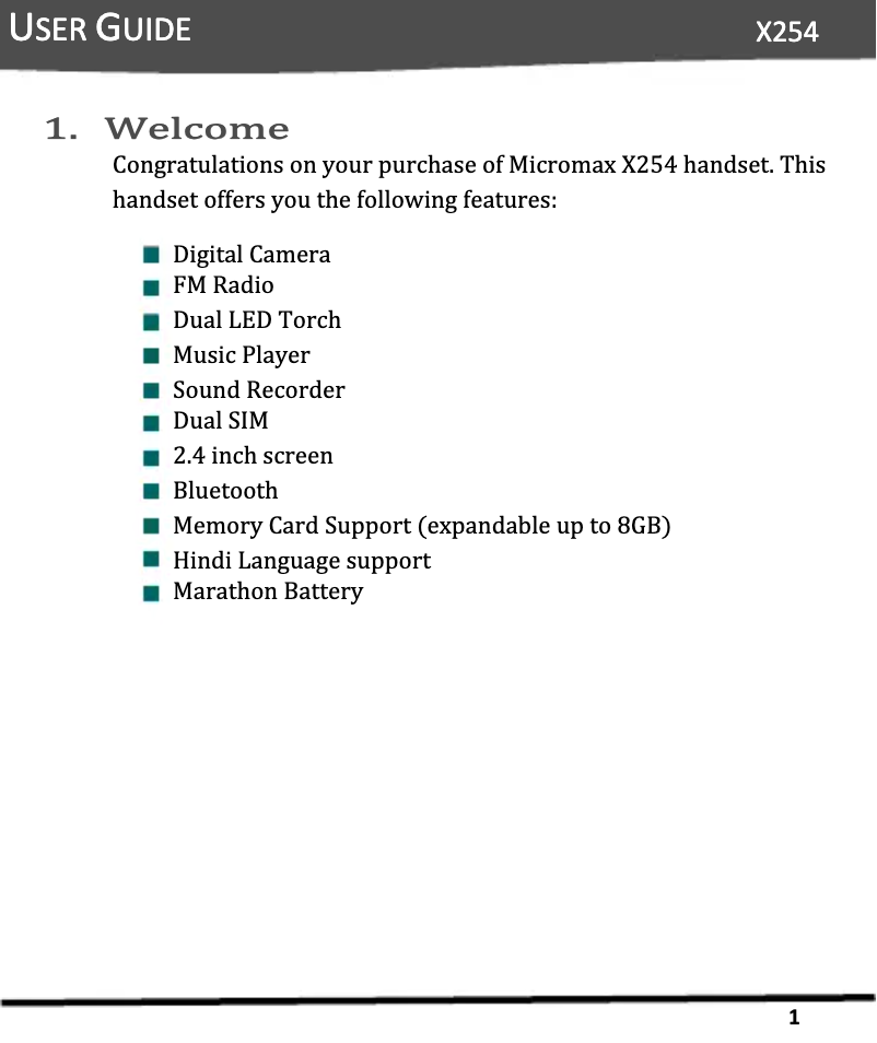Page 1 de la notice Manuel utilisateur Micromax X254