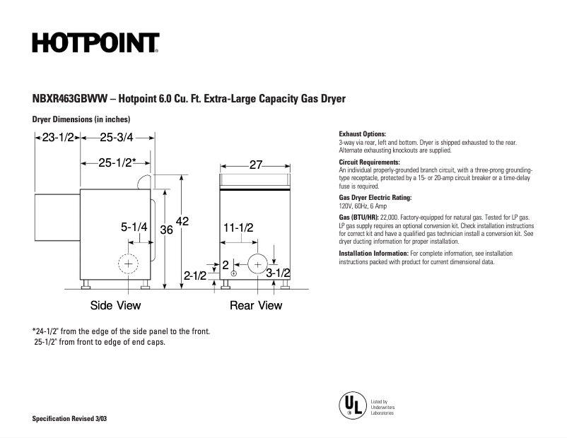 Page 1 de la notice Fiche technique Hotpoint NBXR463GBWW