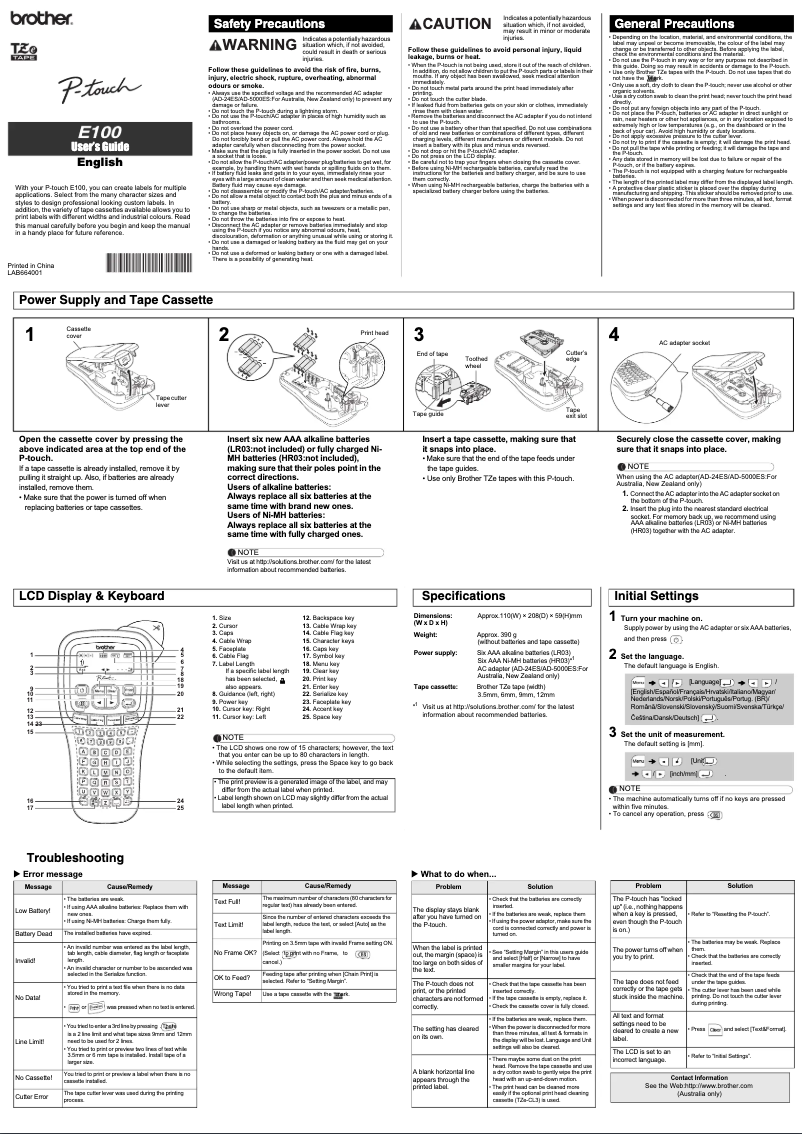 Image de la première page du manuel de l'appareil P-touch PT-E100