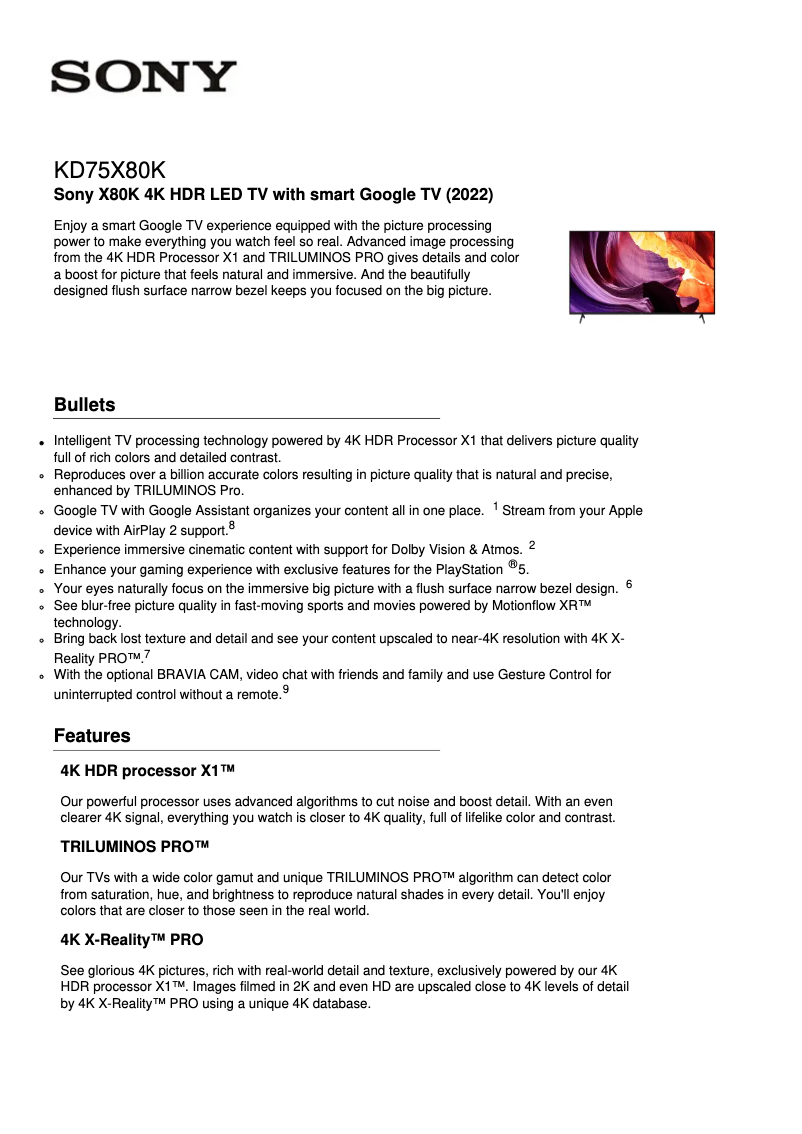 Page 1 de la notice Fiche technique Sony KD-75X80K