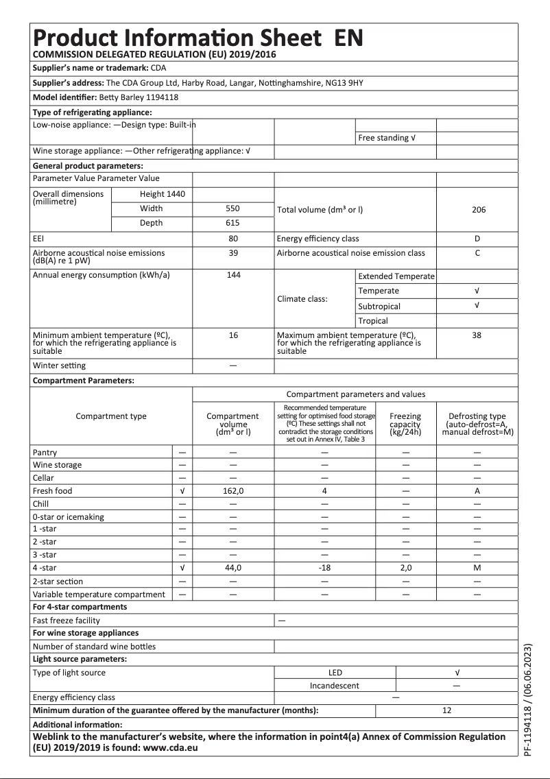 Page 1 de la notice Fiche technique CDA Betty