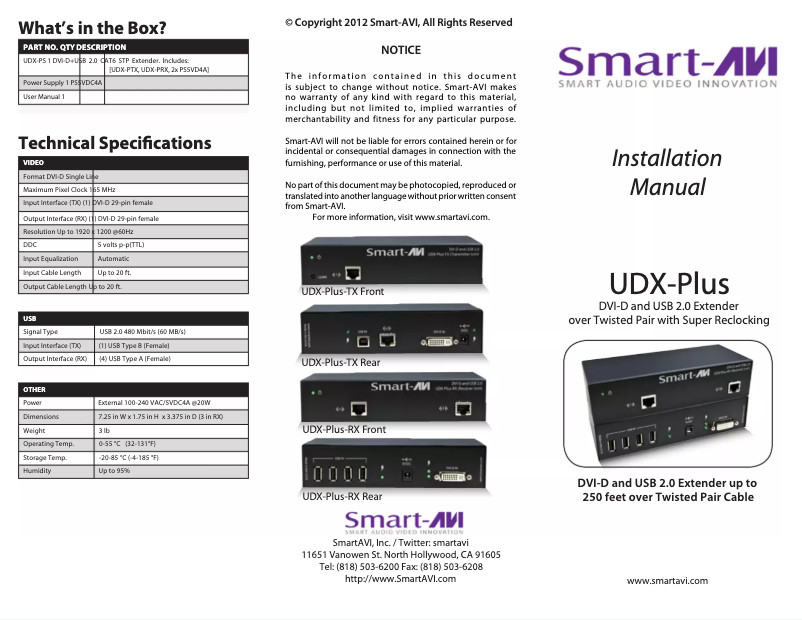 Page 1 de la notice Manuel utilisateur Smart-AVI UDX-PTXS