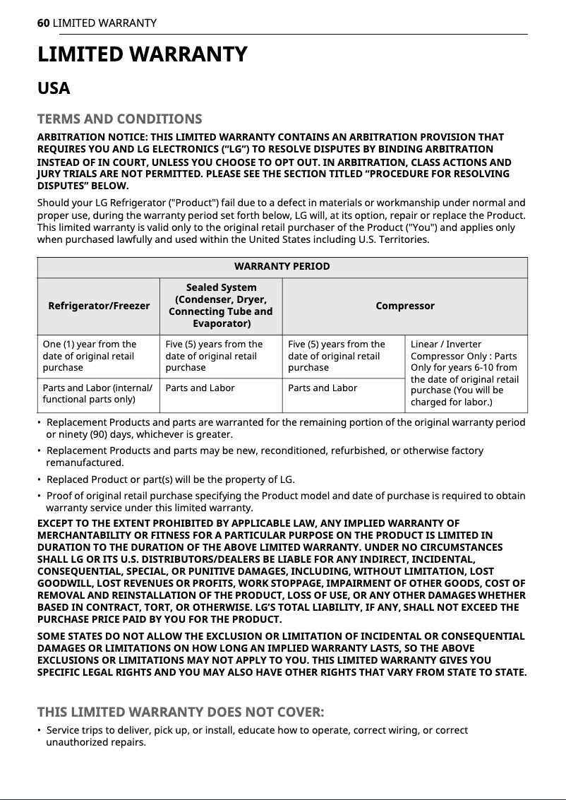 Page 1 de la notice Informations de garantie LG LRMXS3006S