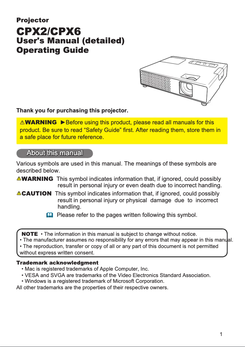 Page 1 de la notice Manuel utilisateur Hitachi CP-X2