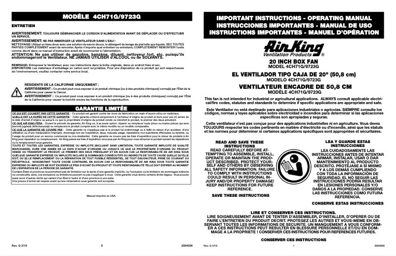 Page 1 de la notice Manuel utilisateur Air King 9723