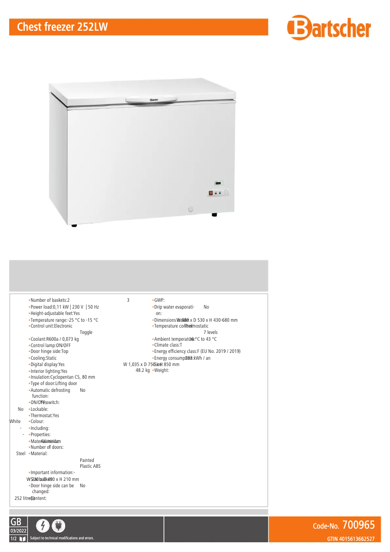 Página 1 del manual Ficha técnica Bartscher 700965