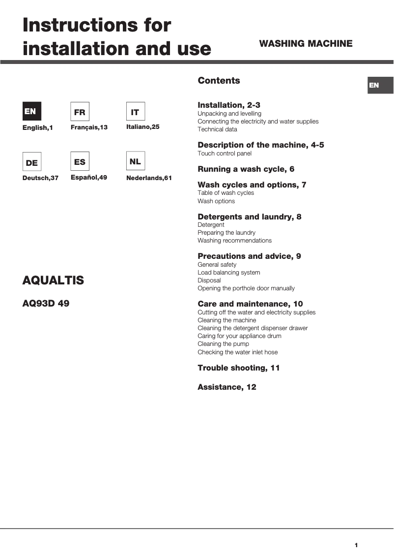 Page n°1 - Manuel utilisateur Hotpoint Ariston AQ93d 49 EU/A