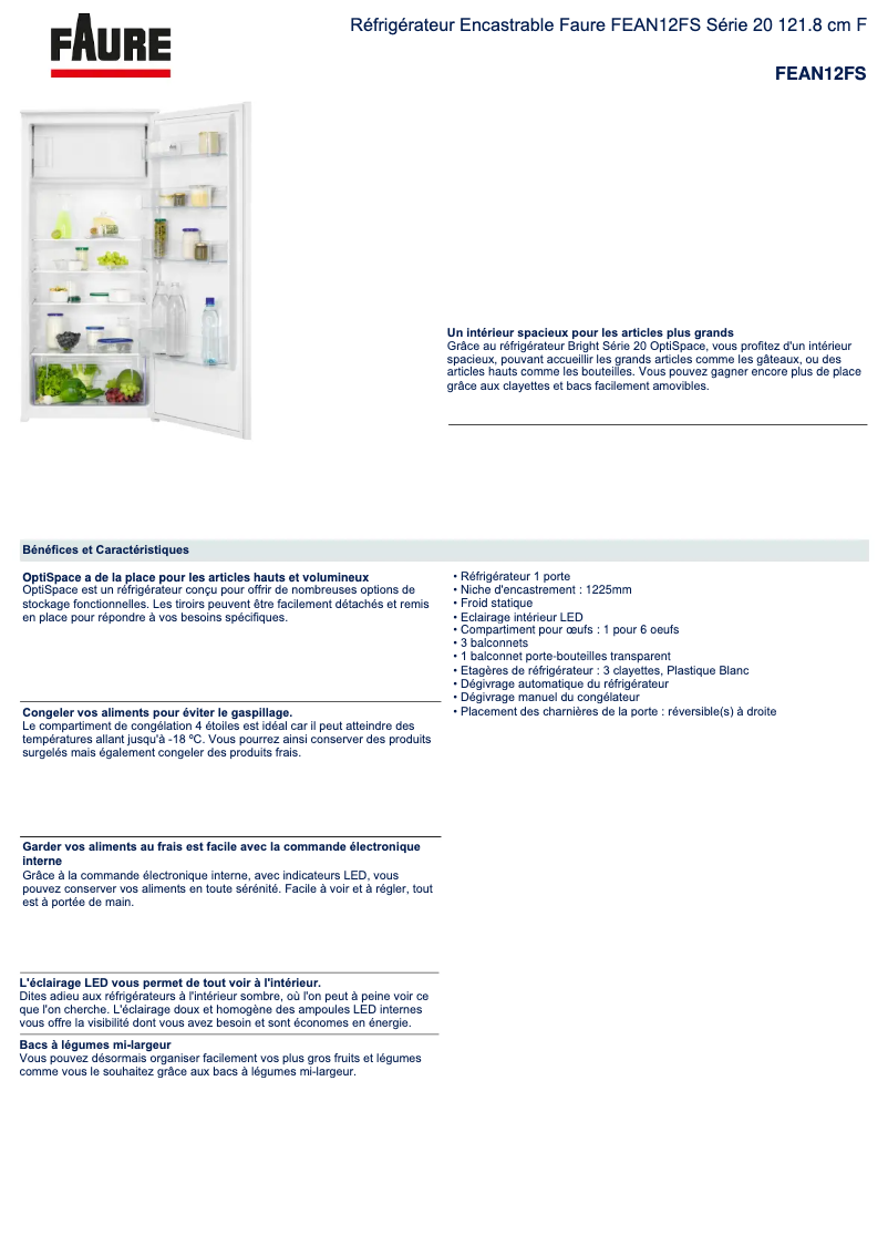 Page 1 de la notice Fiche technique Faure FEAN12FS