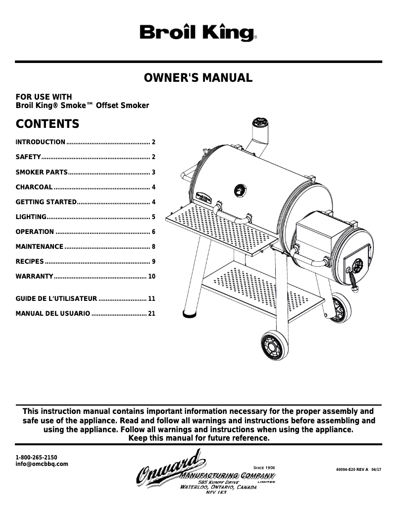 Página 1 del manual Manual de usuario Broil King Smoke Offset 500