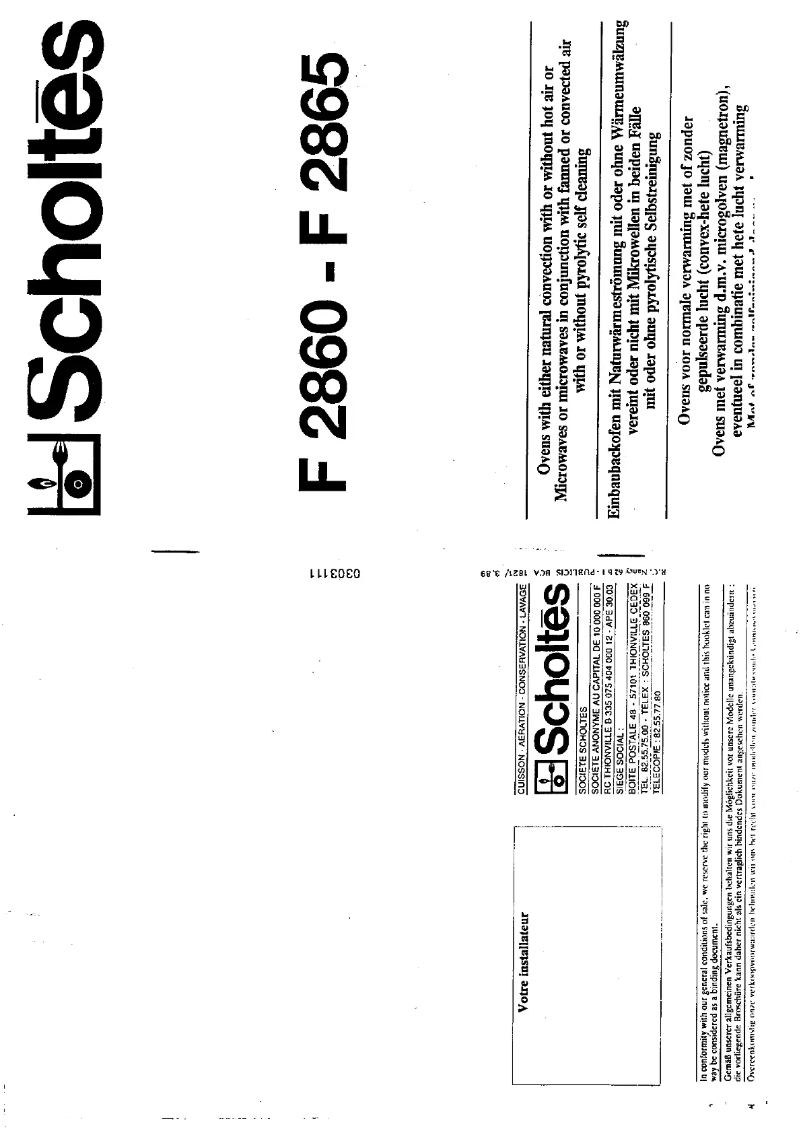 Page 1 de la notice Manuel utilisateur Scholtès F 2865