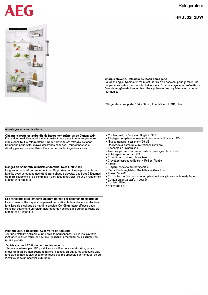 Page 1 de la notice Fiche technique AEG RKB532F2DW