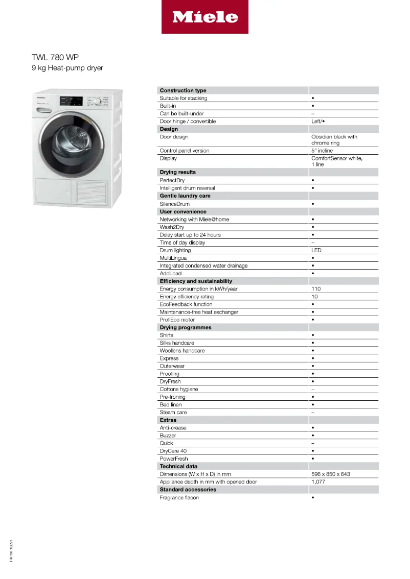 Page 1 de la notice Fiche technique Miele TWL780 WP