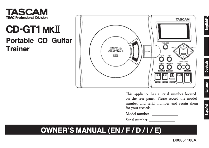 Page n°1 - Manuel utilisateur Tascam CD-GT1MKII