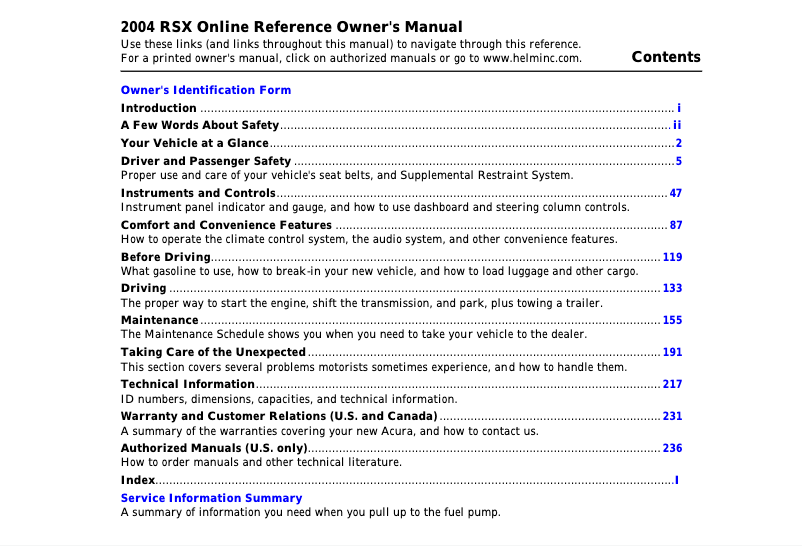 Page 1 de la notice Manuel utilisateur Acura RSX (2004)