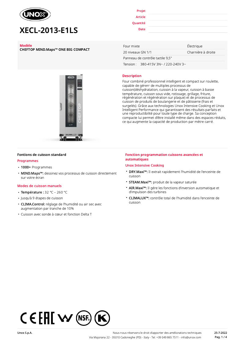 Página 1 del manual Ficha técnica Unox CHEFTOP MIND.Maps BIG COMPACT ONE