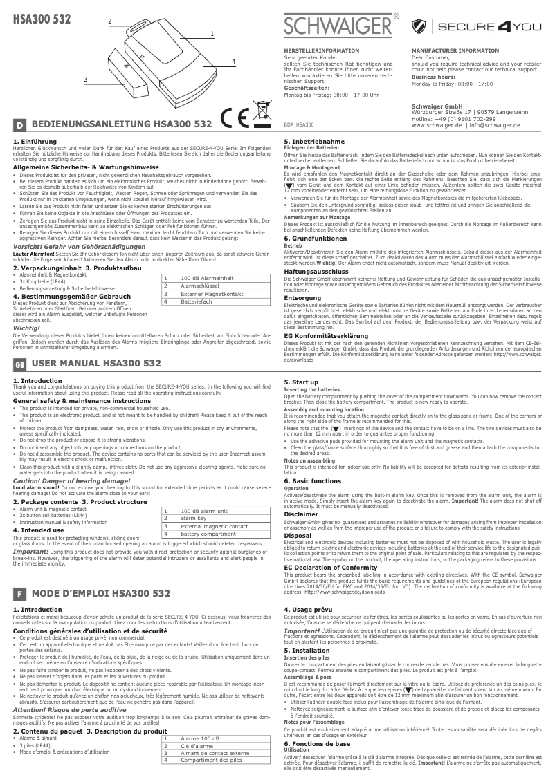 Page 1 de la notice Manuel utilisateur Schwaiger HSA300 532