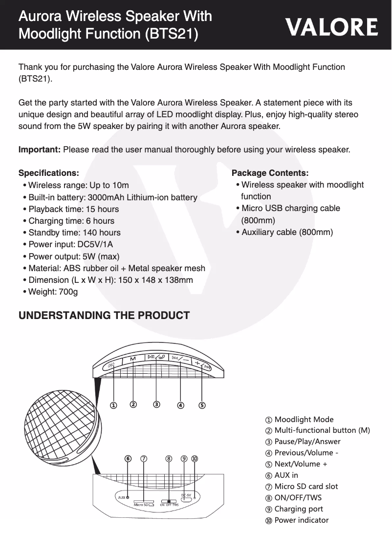 Page 1 de la notice Manuel utilisateur Valore BTS21