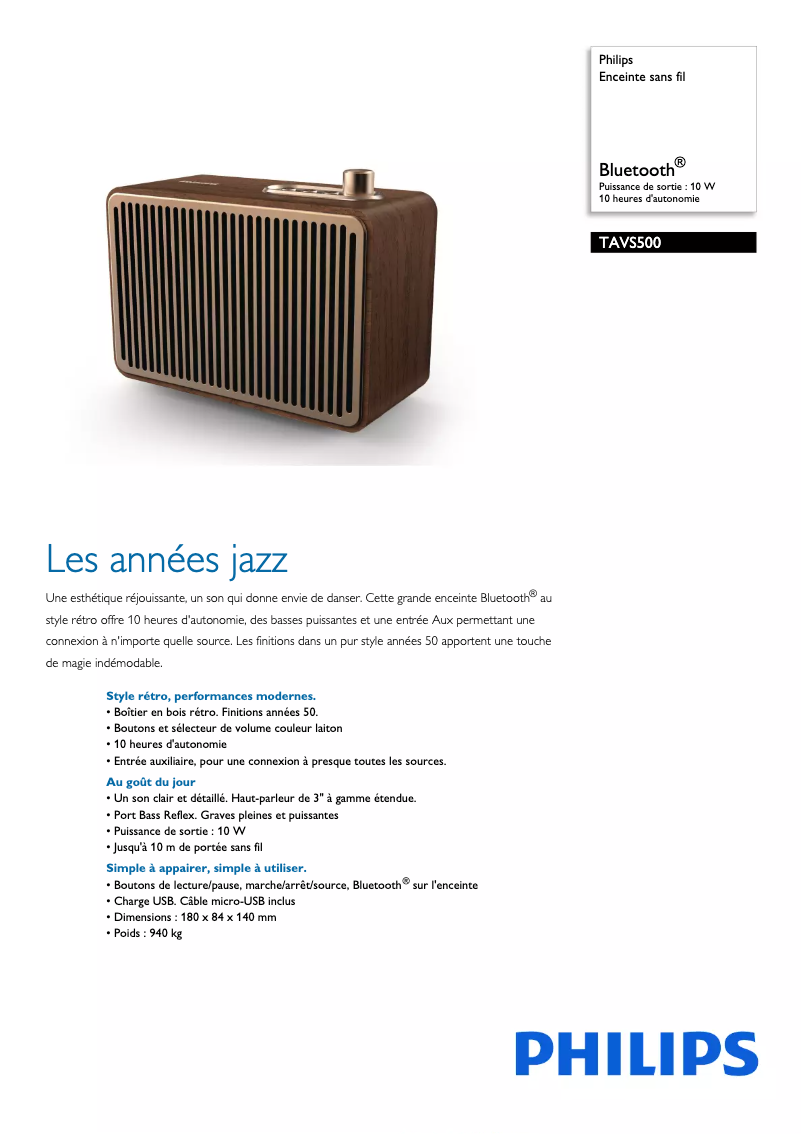 Page 1 de la notice Fiche technique Philips TAVS500