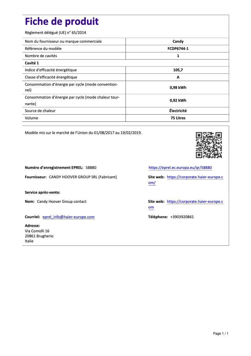 Page n°1 - Manuel utilisateur Candy FCDP6744-1