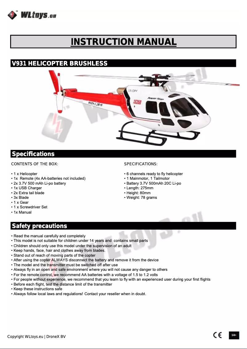 Page 1 de la notice Manuel utilisateur WLtoys V931 AS350