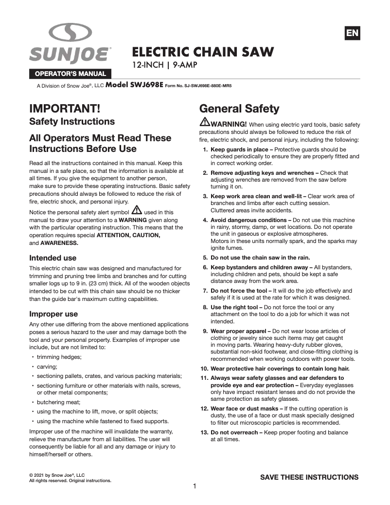 Page 1 de la notice Manuel utilisateur Sun Joe SWJ698E