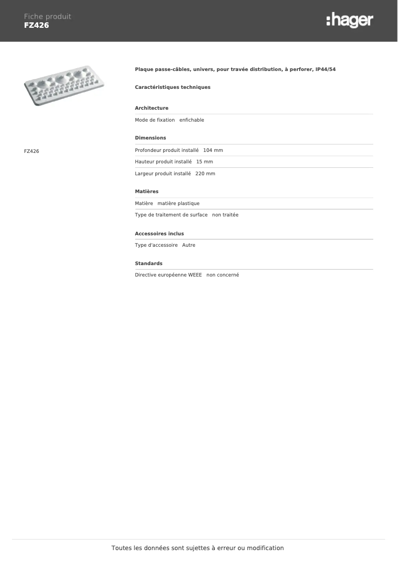 Page n°1 - Fiche technique Hager FZ426