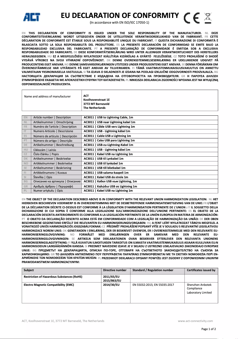 Page 1 de la notice Manuel utilisateur ACT AC3011
