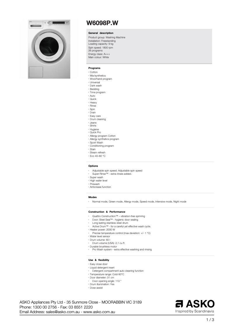 Page 1 de la notice Fiche technique Asko W6098P.W