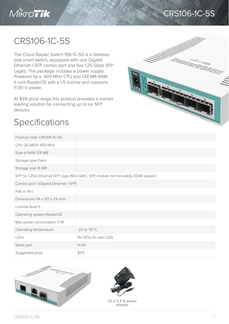 Page 1 de la notice Brochure Mikrotik CRS106-1C-5S