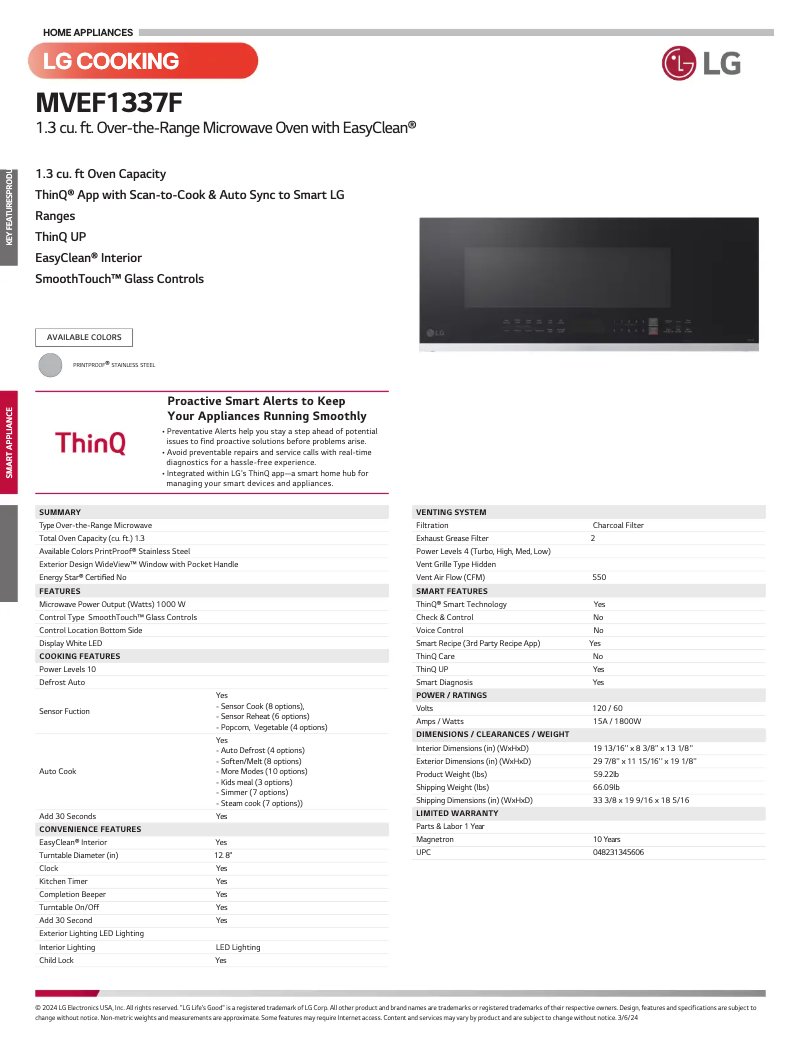Page 1 de la notice Fiche technique LG MVEF1337F