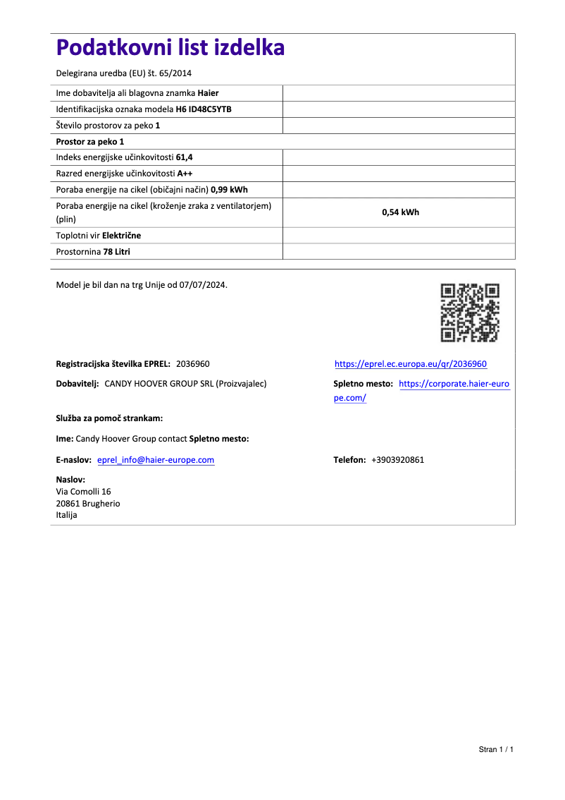 Page 1 de la notice Fiche technique Haier H6 ID48C5YTB