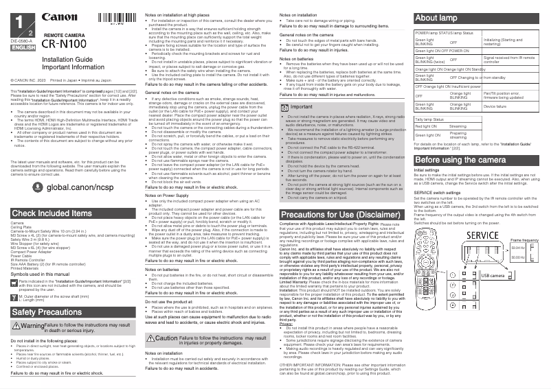 Page 1 de la notice Guide d'installation Canon CR-N100