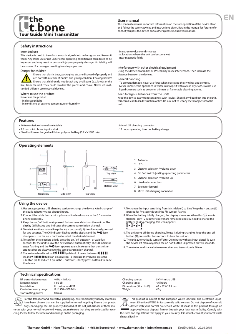 Page 1 de la notice Manuel utilisateur the t.bone Tour Guide Mini Transmitter